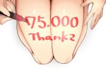  1girl absurdres blurry blurry_foreground commentary_request depth_of_field from_above grey_background hands highres holding holding_pen legs milestone_celebration number original pen shiny shiny_skin simple_background thighs toru_nagase 