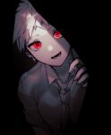  1boy ahoge amido_(compassion273) bangs black_background collared_shirt dangan_ronpa_(series) dangan_ronpa_2:_goodbye_despair glowing glowing_eyes grey_shirt highres hinata_hajime_(awakened) looking_at_viewer lower_teeth male_focus necktie red_eyes shiny shiny_hair shiny_skin shirt short_hair solo spot_color upper_body white_hair 