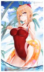  1girl absurdres bangs bare_shoulders bird blonde_hair blue_eyes blush breasts chinese_commentary commentary_request covered_navel day english_text eyebrows_visible_through_hair genshin_impact hair_between_eyes heart heart-shaped_pupils highres innertube jean_gunnhildr l_ract large_breasts long_hair looking_at_viewer one-piece_swimsuit outdoors palm_tree red_swimsuit sky solo standing swimsuit symbol-shaped_pupils tree wading water wristband 