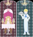  1boy 1girl apron argyle argyle_background arm_at_side blonde_hair blouse blue_background blue_eyes blue_neckwear border buttons caitlin_(pokemon) candelabra candle chandelier chef chef_uniform closed_eyes double-breasted elite_four foxrain1223 hair_ribbon heart holding holding_tray long_hair looking_to_the_side neckerchief pants parted_lips pink_background pink_blouse pink_footwear pink_ribbon pink_shirt pokemon pokemon_(game) pokemon_dppt pokemon_xy ribbon sanpaku shirt siebold_(pokemon) sitting standing table tray vector_trace very_long_hair white_apron white_border white_pants white_uniform younger 