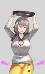  arms_up bangs breasts cleavage_cutout closed_eyes clothing_cutout contrapposto cowboy_shot eyebrows_visible_through_hair grey_background hair_between_eyes hair_over_shoulder huge_breasts large_breasts mature_female medium_hair nishii_(nitroplus) ribbed_shirt ring-con ring_fit_adventure shirt silver_hair skirt uzaki-chan_wa_asobitai! uzaki_tsuki yellow_skirt 