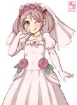  1girl ;q alternate_costume artist_logo bridal_veil commentary_request cowboy_shot dated dress elbow_gloves flat_chest flower gloves hair_flower hair_ornament highres kanon_(kurogane_knights) kantai_collection looking_at_viewer one-hour_drawing_challenge one_eye_closed pink_eyes pink_hair rose sazanami_(kancolle) school_uniform serafuku short_hair simple_background solo tongue tongue_out twintails veil wedding_dress white_background white_dress white_legwear 