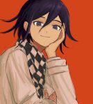  1boy bangs black_hair checkered checkered_scarf closed_mouth commentary dangan_ronpa_(series) dangan_ronpa_v3:_killing_harmony hair_between_eyes hand_on_own_cheek hand_on_own_face jacket long_sleeves looking_at_viewer male_focus ouma_kokichi purple_hair red_background renshu_usodayo scarf short_hair simple_background smile solo upper_body violet_eyes 
