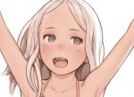  1girl :d grey_eyes halterneck hands_up long_hair looking_at_viewer luimiart open_mouth original portrait simple_background smile solo upper_teeth white_background white_hair 