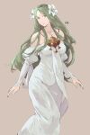  1girl bare_shoulders breasts bridal_gauntlets fire_emblem fire_emblem:_three_houses flower green_eyes green_hair hair_flower hair_ornament highres large_breasts light_smile looking_at_viewer rhea_(fire_emblem) sakuremi solo tan_background 