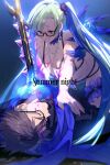  1boy 1girl bangs bikini black_hair black_shirt blue_hair blush bracelet breasts brynhildr_(fate) brynhildr_(swimsuit_berserker)_(fate) cis05 closed_eyes couple fate/grand_order fate_(series) glasses hair_ornament hair_scrunchie jewelry leg_garter legs long_hair lying memories_with_my_lover on_back scrunchie shirt short_hair side_ponytail sigurd_(fate) smile swimsuit sword very_long_hair violet_eyes weapon white_bikini 