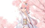  1girl alternate_costume animal_ears cherry_blossoms cup fox_ears highres honkai_(series) honkai_impact_3rd japanese_clothes kimono long_hair looking_at_viewer pink_hair ponytail solo tree tree_branch user_kcvw4773 violet_eyes white_background yae_sakura 