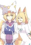  2girls :d animal_ears blonde_hair breasts cowboy_shot deetamu dress fox_ears fox_tail hands_in_opposite_sleeves hat highres kudamaki_tsukasa large_breasts looking_at_another medium_breasts multiple_girls multiple_tails open_mouth pillow_hat short_hair simple_background smile tabard tail touhou white_background white_dress yakumo_ran yellow_eyes 