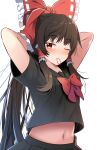  1girl alternate_costume arms_behind_head bangs black_hair black_shirt black_skirt bow closed_mouth e.o. eyebrows_visible_through_hair frilled_bow frills hair_bow hair_tubes hakurei_reimu highres long_hair looking_at_viewer navel one_eye_closed red_bow red_eyes shirt short_sleeves simple_background skirt solo touhou tying_hair white_background 