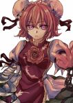  1girl bandaged_arm bandages blurry breasts bun_cover chain cuffs depth_of_field double_bun expressionless flower foreshortening glowing glowing_eyes gold_trim highres ibaraki_kasen looking_at_viewer medium_breasts pink_eyes pink_flower pink_hair pink_rose reaching_out rose sekkaku_nuru shackles short_hair simple_background solo tabard touhou upper_body white_background 