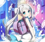  1girl amimi backpack bag blue_eyes dress eyebrows from_behind hair_ornament hairclip highres long_hair looking_back open_mouth original randoseru sleeveless sleeveless_dress slime_(substance) solo sundress twintails very_long_hair white_dress white_hair wind wind_lift 