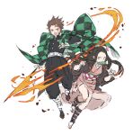  1boy 1girl bandages bangs bit_gag black_hair blood brown_eyes brown_hair checkered checkered_obi cuts fire gag hair_ribbon haori highres holding holding_sword holding_weapon injury japanese_clothes kamado_nezuko kamado_tanjirou kimetsu_no_yaiba kimono long_hair obi open_mouth papajay_(jennygin2) pink_eyes pink_ribbon ribbon sash scar scar_on_forehead simple_background sketch sword weapon white_background 