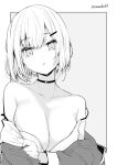  1girl :o bangs bare_shoulders breasts choker collarbone eyebrows_visible_through_hair grey_background greyscale highres kichihachi large_breasts looking_at_viewer mole mole_under_eye monochrome original simple_background solo twitter_username two-tone_background upper_body white_background 