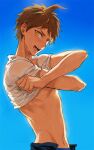  1boy ahoge bangs blue_background blush brown_eyes brown_hair clothes_lift commentary_request cowboy_shot dangan_ronpa_(series) dangan_ronpa_2:_goodbye_despair hands_up hinata_hajime looking_at_viewer male_focus navel open_mouth open_pants pants shirt shirt_lift short_hair simple_background sky solo tewa_(0120831) toned toned_male undressing upper_teeth wet white_shirt 