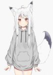  1girl animal_ear_fluff animal_ears arms_at_sides fox_ears fox_girl fox_tail grey_hoodie highres hiiragi_ragi hood hood_down hoodie long_hair long_sleeves no_pants original red_eyes silver_hair smile standing tail 