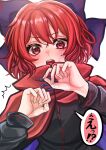  1girl :o black_shirt blush bow cape hair_bow hands_up highres open_mouth red_cape red_eyes redhead sekibanki sekibanki_day sekkaku_nuru shirt simple_background solo surprised touhou white_background 