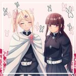  2girls ahoge akamatsu_kaede arms_behind_back bangs belt black_jacket blonde_hair blunt_bangs border brown_hair bug butterfly butterfly_hair_ornament cape cheer_(cheerkitty14) closed_eyes closed_mouth commentary cosplay cosplay_request dangan_ronpa_(series) dangan_ronpa_v3:_killing_harmony english_commentary flower grey_background hair_ornament hairclip harukawa_maki highres insect jacket kimetsu_no_yaiba long_hair mole mole_under_eye multiple_girls pink_flower pleated_skirt red_eyes shiny shiny_hair short_hair side_ponytail skirt smile striped striped_background twintails v_arms white_belt white_border white_cape 