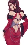  1girl bare_shoulders brown_hair chain cowboy_shot dorothea_arnault earrings fire_emblem fire_emblem:_three_houses from_behind green_eyes hand_on_hip iahfy jewelry long_hair long_sleeves parted_lips profile shoulder_blades simple_background smile solo white_background wide_sleeves 