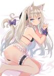  1girl animal_ear_fluff animal_ears ass bangs bare_shoulders barefoot bed_sheet bikini black_bikini blue_eyes blush bound bound_wrists bow breasts cat_ears cat_girl cat_tail commentary_request eyebrows_visible_through_hair feet_out_of_frame frills grey_hair highres hizaka knees_together_feet_apart long_hair lying on_side original purple_bow small_breasts solo swimsuit tail tail_bow tail_ornament tail_raised very_long_hair 