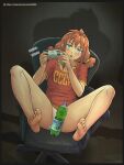 1girl :o bad_perspective bangs bare_legs barefoot blue_eyes blush bottle brown_hair chair clothes_writing commentary controller drink highres holding holding_controller leonzo030 long_hair no_pants office_chair open_mouth orange_hair original panties pantyshot red_shirt red_t-shirt shirt short_sleeves sitting solo spread_legs t-shirt twintails underwear upper_teeth white_panties