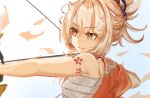  1girl bare_shoulders blonde_hair bow_(weapon) breasts brown_eyes drawing_bow genshin_impact hadanugi_dousa highres holding holding_bow_(weapon) holding_weapon japanese_clothes jeanbeansprout kimono long_hair looking_away open_clothes open_kimono orange_shirt sarashi shirt shoulder_tattoo simple_background small_breasts smile solo tattoo tied_hair upper_body v-shaped_eyebrows weapon white_background yoimiya_(genshin_impact) 