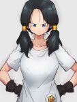  1girl black_gloves blue_eyes closed_mouth dragon_ball dragon_ball_z gloves grey_background hands_on_hips kemachiku looking_at_viewer low_twintails shirt short_sleeves simple_background smile solo t-shirt twintails videl white_shirt 