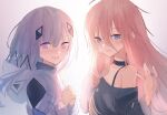  2girls absurdres backlighting bare_shoulders black_choker black_shirt blue_eyes braid cevio choker collarbone commentary_request grey_hair hair_ornament highres hood hooded_jacket ia_(vocaloid) jacket kafu_(cevio) long_hair multiple_girls off_shoulder own_hands_clasped own_hands_together pink_hair poono shirt upper_body very_long_hair violet_eyes vocaloid white_jacket 