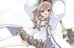  1girl blanc blue_eyes brown_hair buran_buta coat dress flat_chest fur_trim hair_between_eyes hammer hat highres holding holding_hammer looking_at_viewer neptune_(series) open_mouth short_hair simple_background solo white_background white_dress 