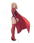  1girl absurdres blonde_hair blue_leotard blush bob_cut boots cape copyright_request from_side full_body highres leotard looking_at_viewer looking_to_the_side luimiart medium_hair own_hands_together red_cape red_legwear red_leotard smile solo superhero thigh-highs thigh_boots two-tone_leotard 