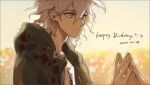  1boy bangs blue_eyes commentary_request dangan_ronpa_(series) dangan_ronpa_2:_goodbye_despair dated english_text fingers_together from_side gradient gradient_background green_jacket grey_eyes hair_between_eyes hand_up happy_birthday heart hood hood_down hooded_jacket hoodie jacket komaeda_nagito male_focus messy_hair print_shirt profile shirt smile solo_focus tewa_(0120831) upper_body 