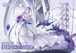  1girl artillery artist_request azur_lane bare_shoulders bouquet breasts bridal_veil bride dress expressions eyebrows_visible_through_hair flower full_body gloves hair_between_eyes highres holding holding_bouquet indoors lace-trimmed_dress lace_trim large_breasts layered_dress long_dress official_alternate_costume pink_flower pink_rose promotional_art purple_flower purple_hair purple_ribbon purple_rose ribbon rodney_(azur_lane) rose royal_navy_(emblem) sideboob sleeveless sleeveless_dress solo tiara turret veil violet_eyes white_dress white_gloves 