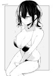  1girl breasts grey_background greyscale kichihachi large_breasts looking_at_viewer monochrome original simple_background solo twitter_username two-tone_background white_background 