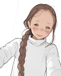  1girl blush braid brown_hair closed_mouth forehead freckles grey_eyes hair_over_shoulder highres looking_at_viewer luimiart original single_braid smile solo sweater upper_body white_sweater 