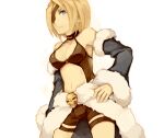  1girl bangs black_shirt black_shorts blonde_hair blue_cape blue_eyes blue_sleeves breasts cape choker closed_mouth commentary_request cowboy_shot detached_sleeves endo_mame eyepatch fur-trimmed_cape fur-trimmed_sleeves fur_trim hand_on_hip looking_at_viewer medium_breasts navel ragnarok_online revealing_clothes shirt short_shorts shorts simple_background skull solo stalker_(ragnarok_online) waist_cape white_background 