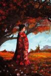  1girl absurdres anato_finnstark artist_name asian autumn_leaves black_hair blue_sky closed_mouth day from_side hair_bun highres japanese_clothes kimono leaf maple_leaf original outdoors profile red_kimono red_theme sky solo tree 