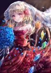  bangs blonde_hair blue_flower blue_rose blush bouquet breasts bridal_veil brown_background brown_gloves brown_sash closed_mouth dress flandre_scarlet flower gloves highres medium_hair multicolored multicolored_wings red_dress red_eyes red_flower rose small_breasts suzushina touhou veil wedding_dress wings 