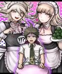  !? 1girl 2boys :d ahoge alternate_costume apron bangs breasts brown_eyes brown_hair buttons chair commentary_request crossdressinging dangan_ronpa_(series) dangan_ronpa_2:_goodbye_despair detached_collar double-breasted enmaided flipped_hair food fork grey_hair hair_ornament hairclip highres hinata_hajime holding knife komaeda_nagito large_breasts letterboxed looking_at_viewer maid maid_headdress multiple_boys nanami_chiaki neck_ribbon official_style open_mouth pink_background pink_eyes pink_ribbon ribbon saliva shiny shiny_hair short_sleeves sitting smile sweat table tezurumozuru upper_teeth waist_apron white_apron 