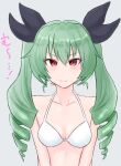  1girl absurdres anchovy_(girls_und_panzer) bangs bikini black_ribbon blush breasts closed_mouth commentary drill_hair eyebrows_visible_through_hair frown girls_und_panzer green_hair grey_background hair_ribbon halterneck highres lain_(sist_as) long_hair looking_at_viewer medium_breasts red_eyes ribbon simple_background solo swimsuit translated twin_drills twintails upper_body white_bikini 