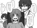  3girls :d akiyama_yoshiko akiyama_yukari apron barber_chair eyebrows_visible_through_hair girls_und_panzer greyscale hood hoodie medium_hair monochrome multiple_girls newspaper nishizumi_miho noumen open_mouth smile translated white_background 