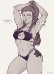  1girl armpits arms_up artist_name bikini black_bikini blush brigitte_(overwatch) character_name character_request check_character cowboy_shot greyscale hair_pulled_back iahfy long_hair looking_at_viewer monochrome overwatch parted_lips ponytail simple_background smile solo swimsuit tattoo white_background white_eyes 
