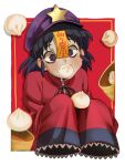  1girl absurdres black_eyes black_hair blush chromatic_aberration dumpling eating food food_in_mouth hat_ornament highres miyako_yoshika oversized_clothes red_background red_pupils red_shirt shirt short_hair simple_background solo star_(symbol) star_hat_ornament touhou umamimochi upper_body 