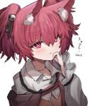 1girl :o animal_ear_fluff animal_ears arknights bangs blush character_name collarbone collared_shirt commentary_request eyebrows_visible_through_hair fox_ears fox_girl hair_between_eyes hair_ornament hand_up highres looking_at_viewer open_mouth pink_hair raw_egg_lent red_eyes shamare_(arknights) shirt solo translated twintails upper_body white_shirt