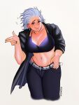  1girl abs absurdres artist_request breasts dorohedoro earrings highres jewelry large_breasts looking_at_viewer muscular muscular_female noi_(dorohedoro) red_eyes simple_background smile solo white_hair 