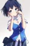  1girl alternate_costume blue_eyes blue_hair closed_mouth hands_on_own_face highres honkai_(series) honkai_impact_3rd looking_at_viewer looking_to_the_side school_uniform seele_vollerei shadow simple_background smile solo tattoo uniform white_background yuyu_guantou_(marky) 