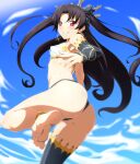  1girl anklet ass barefoot bikini black_hair black_legwear bracelet breasts danpu detached_sleeves earrings fate/grand_order fate_(series) gold_trim hair_ribbon highres hoop_earrings ishtar_(fate) ishtar_(fate)_(all) jewelry long_hair looking_at_viewer medium_breasts red_eyes ribbon single_detached_sleeve single_thighhigh soles solo swimsuit thigh-highs tiara toe_scrunch toes two_side_up white_bikini 