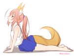  1girl animal_ear_fluff animal_ears bare_arms bare_shoulders barefoot blue_skirt brown_eyes brown_hair camisole commentary_request fate/extra fate_(series) fox_ears fox_girl fox_tail from_side haryuu_(poetto) long_hair looking_away lying on_stomach parted_lips pleated_skirt ponytail profile shadow skirt solo tail tamamo_(fate)_(all) tamamo_no_mae_(fate) twitter_username very_long_hair white_background white_camisole 