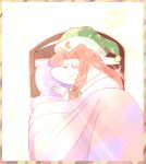  1girl bed braid closed_eyes dr._addamelech framed_image green_headwear hat highres hong_meiling long_hair long_sleeves lying moon_(ornament) pajamas pillow redhead side_braid simple_background sleeping smile sr_pelo star_(symbol) star_print touhou 