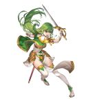  1girl armor bangs belt boots breasts capelet dress elbow_gloves fire_emblem fire_emblem:_mystery_of_the_emblem fire_emblem_echoes:_shadows_of_valentia fire_emblem_heroes full_body gloves green_eyes green_hair highres holding holding_sword holding_weapon long_hair medium_breasts official_art open_mouth palla_(fire_emblem) pelvic_curtain sheath short_dress shoulder_armor sleeveless solo sword teffish thigh-highs thigh_boots transparent_background weapon white_footwear white_gloves 