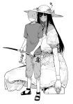  1boy 1girl black_hair blush breasts chomoran commentary_request dress faceless faceless_male fishing_rod flower gloves greyscale hasshaku-sama hat hat_flower height_difference highres holding holding_fishing_rod large_breasts long_hair looking_at_another monochrome original sandals short_sleeves shorts sitting sun_hat sundress sweatdrop tall tall_female translation_request white_dress 
