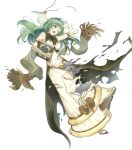  1girl artist_request bangs bare_shoulders blush book breasts dress elbow_gloves eyebrows_visible_through_hair fire_emblem fire_emblem_echoes:_shadows_of_valentia fire_emblem_heroes full_body fur_trim gloves green_eyes green_hair highres holding holding_book long_dress long_skirt looking_away medium_breasts official_art open_mouth shiny shiny_hair skirt sleeveless solo tatiana_(fire_emblem) torn_clothes torn_gloves torn_skirt transparent_background white_gloves 